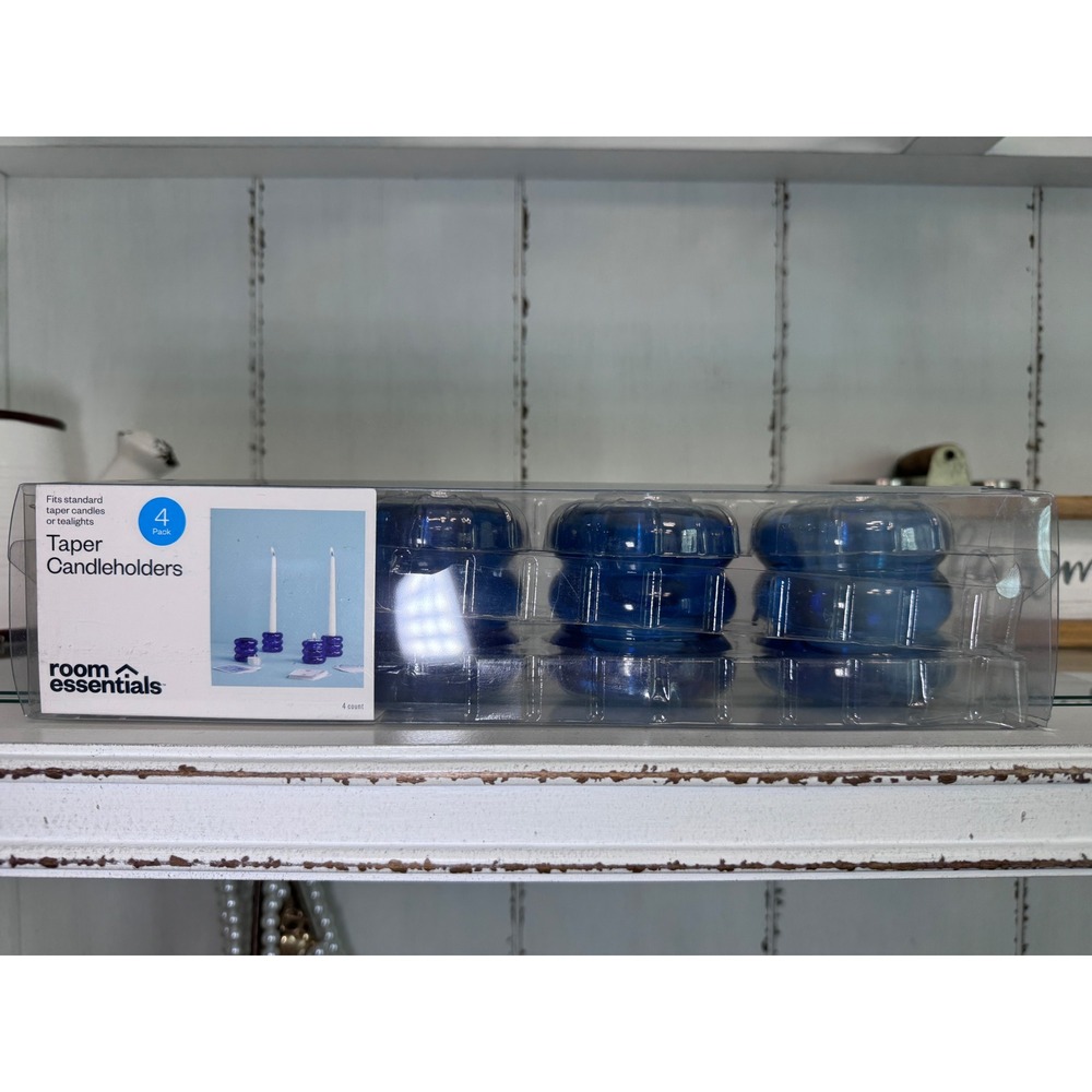 Room Essentials Blue Glass Taper Candleholders 4 Pack Tealight Compatible Cobalt
